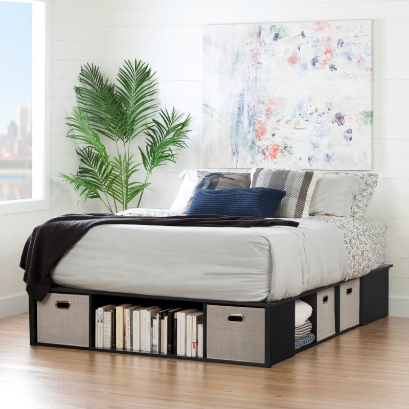 Queen Platform Bed with Storage and Baskets - Black Oak