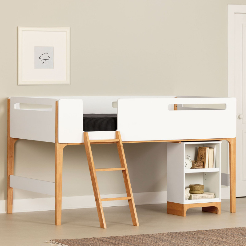 South Shore Lit Simple Mezzanine avec bureau - Bebble Blanc et Naturel