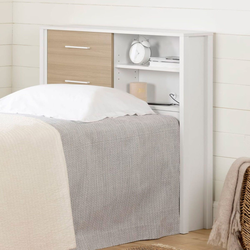 Single Headboard with Bookcase - Munich White and Natural Elm