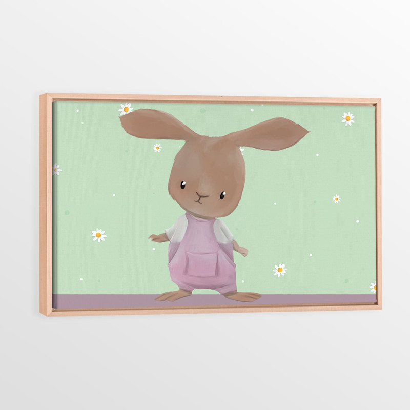 Canvas with Natural Wood Frame - Rabbit in overalls