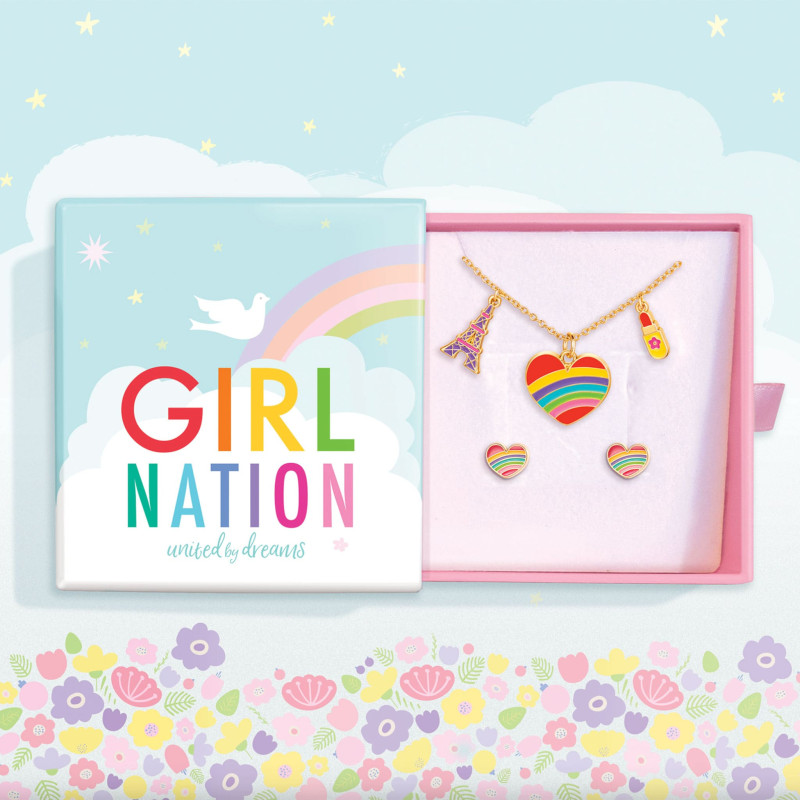 Girl Nation Coffret Cadeau Collier et Boucles d'oreilles de fantaisie - Coeur arc-en-ciel