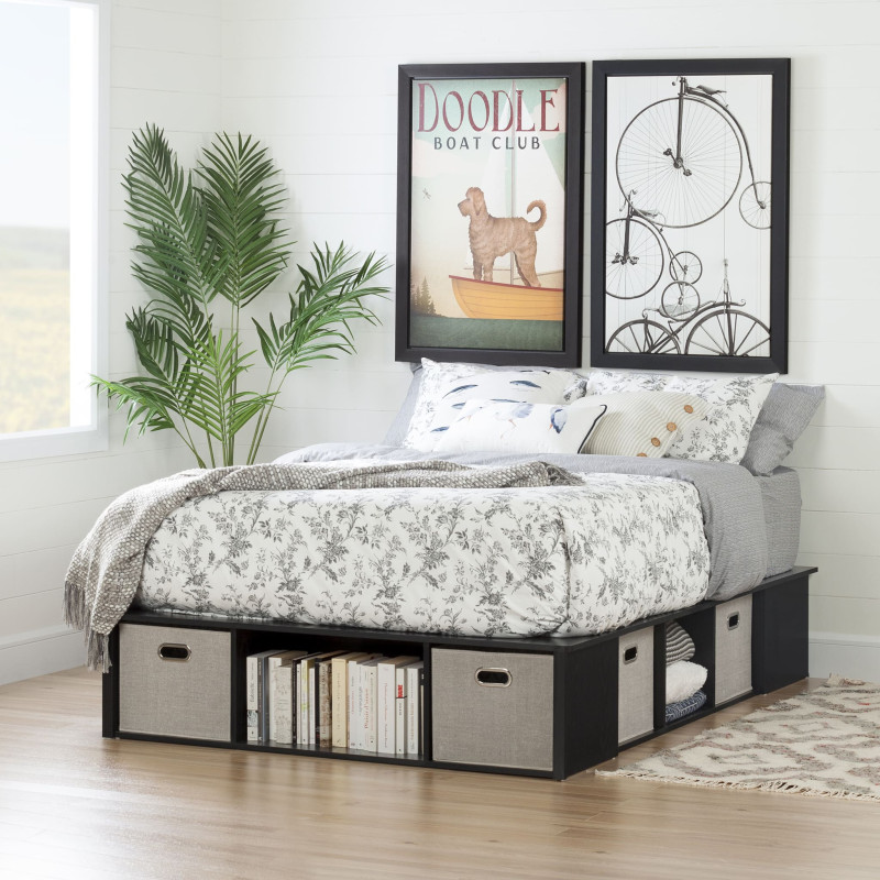 Double Platform Bed with Baskets - Flexible Black Oak