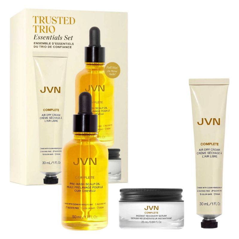 JVN Ensemble complet comprenant une huile pour le cuir chevelu et les cheveux, une crème coiffante séchage à l’air et un sérum 