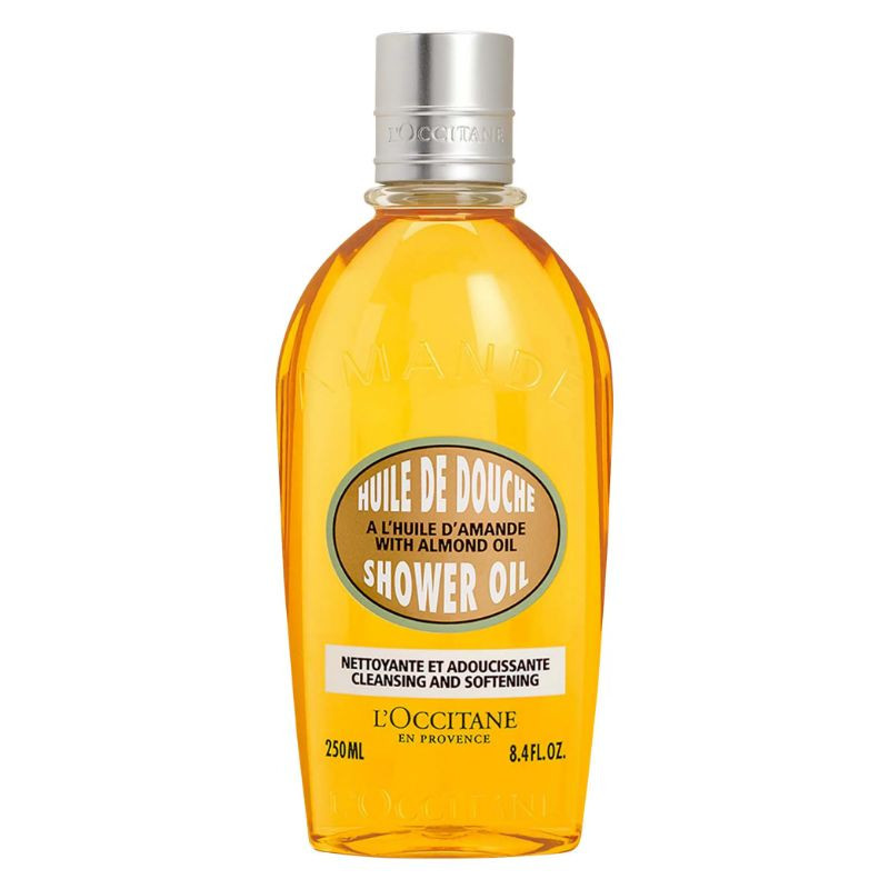 Refillable cleansing and softening shower oil with almond oil