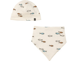 Hat and bib set with fish print in organic cotton - Baby Boy