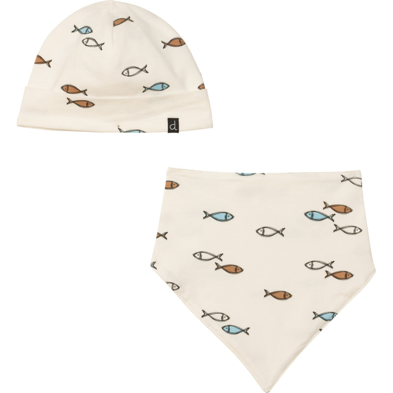 Hat and bib set with fish print in organic cotton - Baby Boy