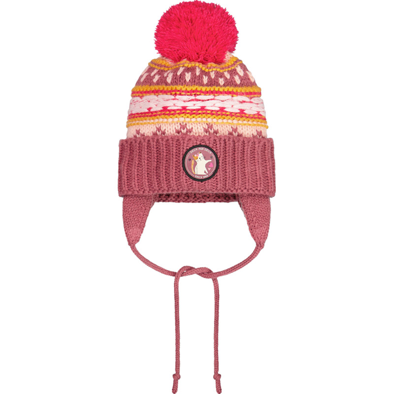 Pompom winter beanie with purple and pink ear flaps - Baby Girl