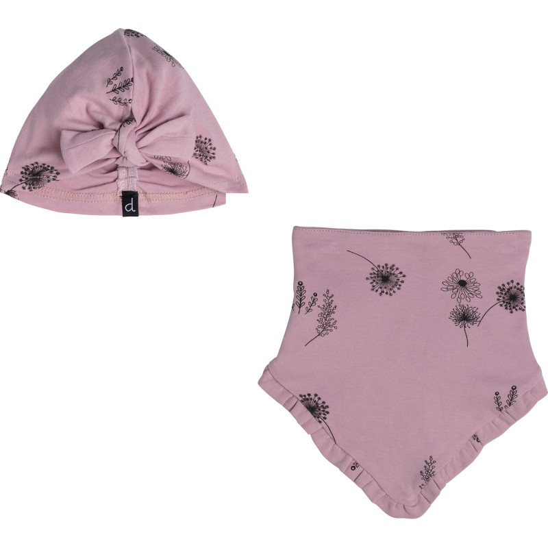 Organic cotton hat and bib set with flower print - Baby Girl