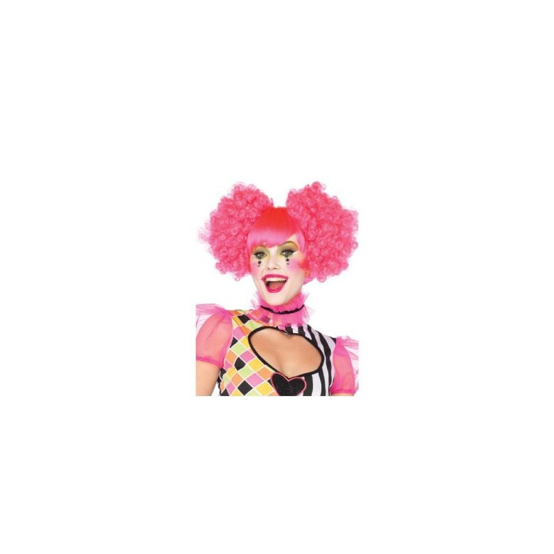 Clown -  perruque fluo arlequin avec clips frisés - rose (adulte)