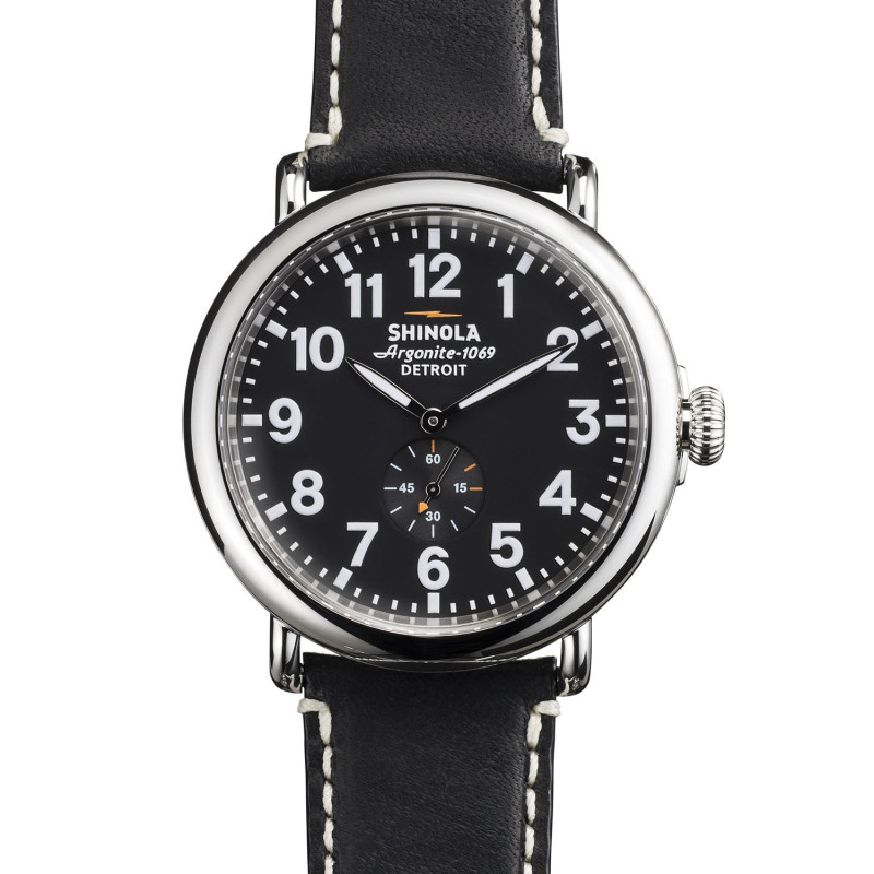 The Runwell 47mm Watch - Black Leather Strap + Black Dial - Men