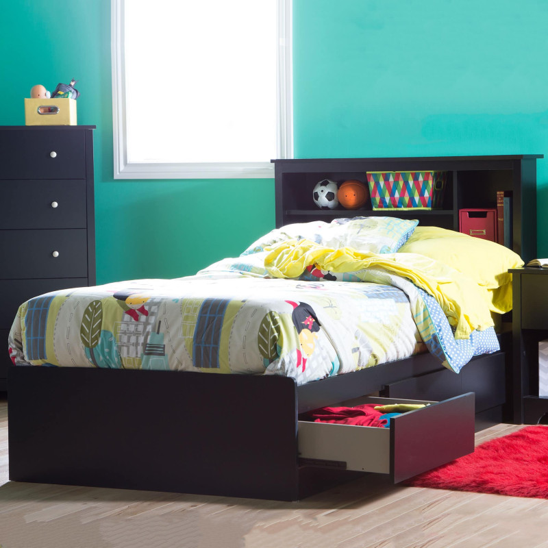 Matelot Single Bed Set with Bookcase Headboard - Vito Solid Black