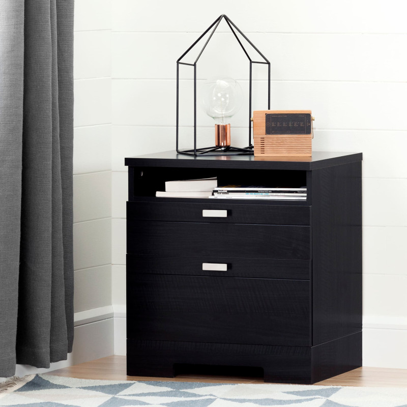 Nightstand with Wire Organizer - Reevo Black Oak