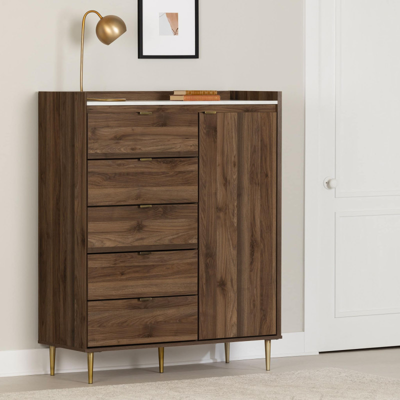 5 Drawer Door Chest - Hype Natural Walnut and Carrara Marble