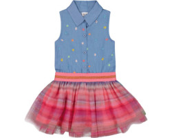 Rainbow Striped Chambray and Tulle Dress - Big Girls