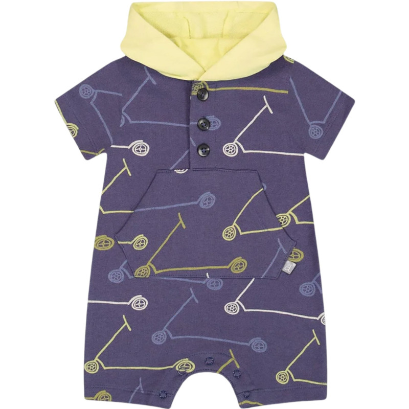 Hooded playsuit printed with scooters in French cotton - Baby Boy