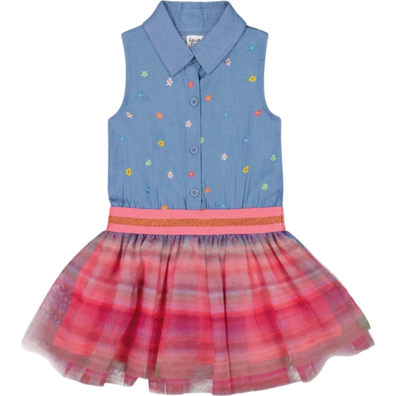 Rainbow Striped Chambray and Tulle Dress - Little Girl