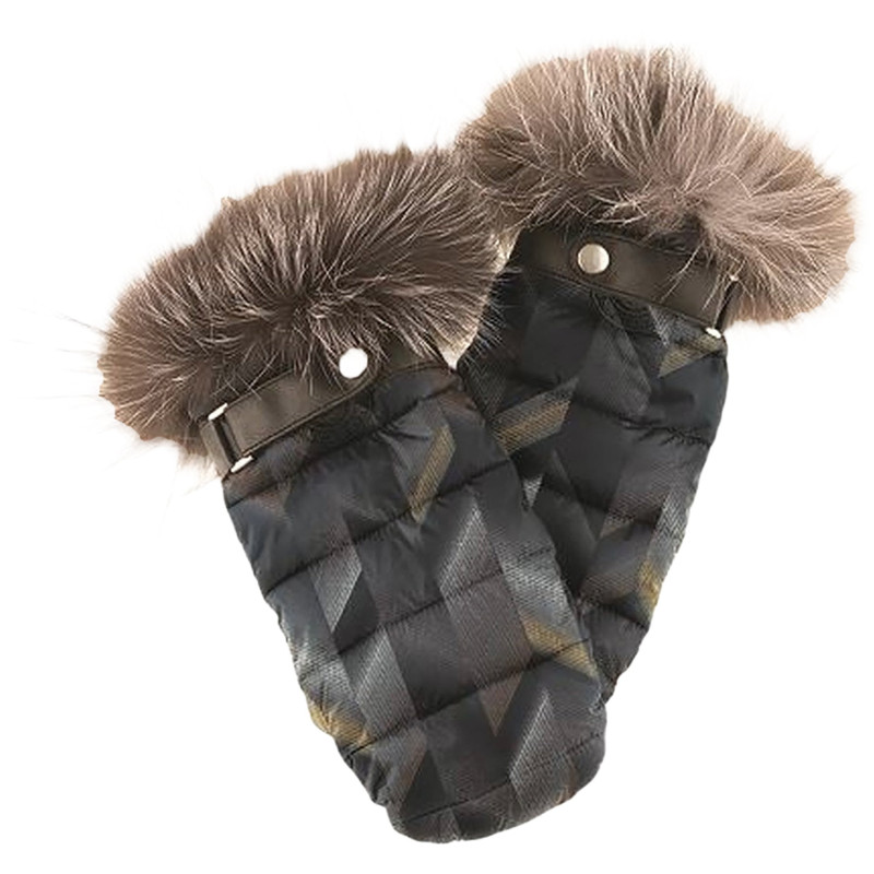 Quilted mittens with recycled fur trim - Women's