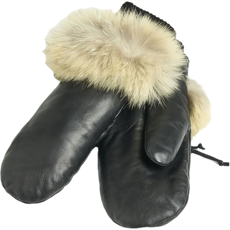 Leather mittens with recycled fur trim - Women