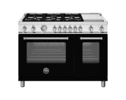 Cuisinière à gaz, 6 Brûleurs en aluminium, plaque chauffante, 48 po, noir, Bertazzoni MAS486GGASNEV