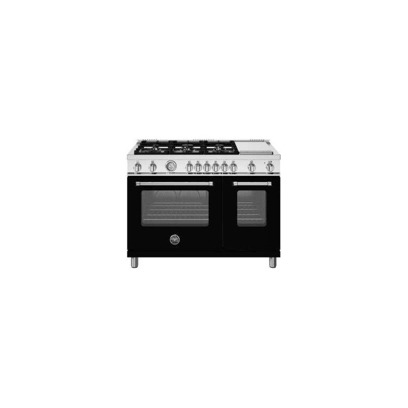 Cuisinière à gaz, 6 Brûleurs en aluminium, plaque chauffante, 48 po, noir, Bertazzoni MAS486GGASNEV