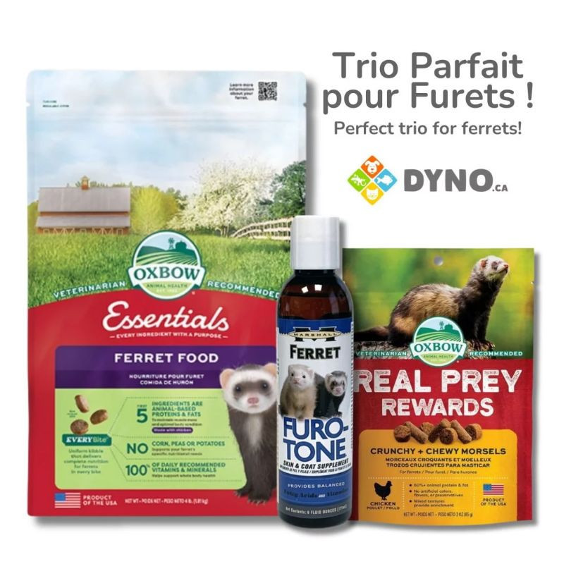 Trio Parfait pour Furets – Nourriture, Gâterie Oxbow et Furo-tone Marshall