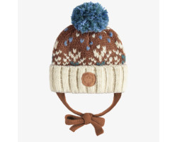 Cream and brown knitted toque with a jacquard print and a pompom, baby