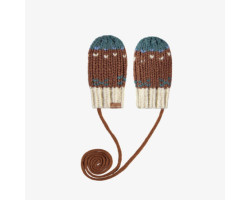 Brown knitted mittens with a jacquard print and a cord, baby