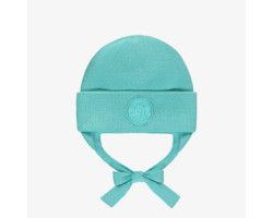 Turquoise knitted toque with tie cords, baby