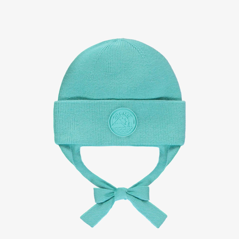 Turquoise knitted toque with tie cords, baby