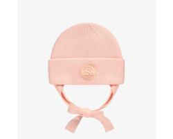 Peach knit toque with tie cords, baby