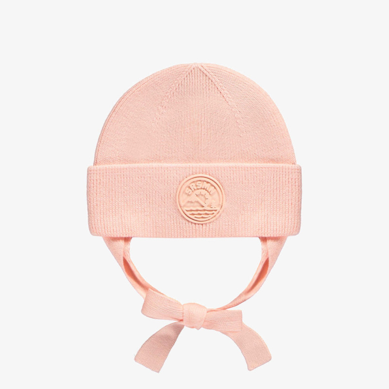 Peach knit toque with tie cords, baby