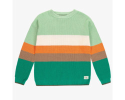 Long sleeves rib knit sweater green, cream and orange, adult