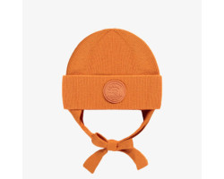 Orange knitted toque with tie cords, baby