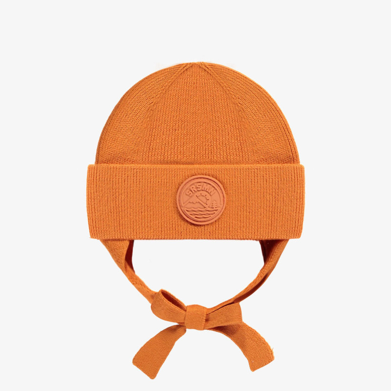 Orange knitted toque with tie cords, baby