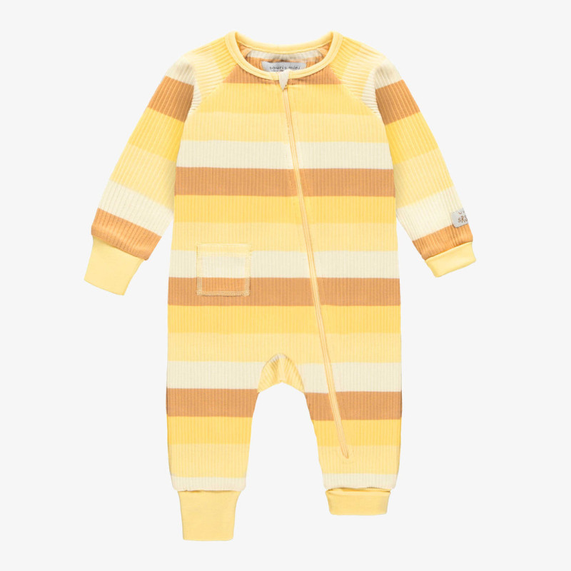 Striped orange and yellow one-piece pajama with long sleeves in ribbed knit, baby