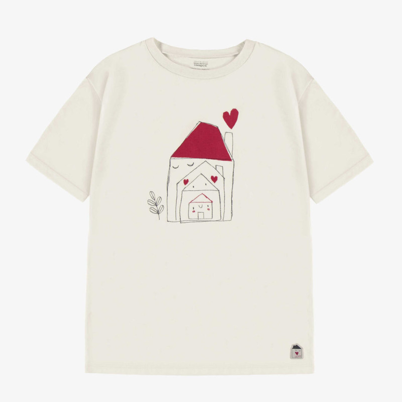 Cream pajama top with a loving household illustration, adult