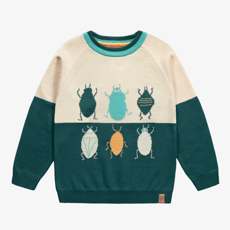 Long sleeves knitted sweater in green and cream with insect jacquard pattern, child