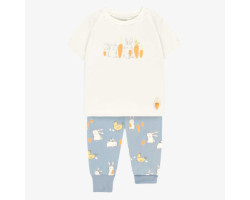 Cream and bleu two-pieces pajama with bunnies and chickens print, baby