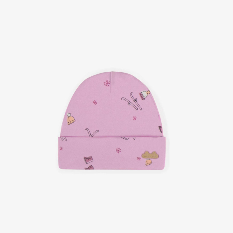 Lavender hat with a skiing theme in organic cotton, newborn