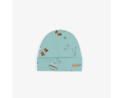 Light blue hat with a skiing theme in organic cotton, newborn