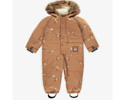 One-piece brown snowsuit with print and faux fur, baby