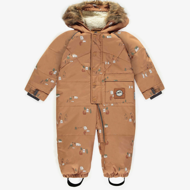 One-piece brown snowsuit with print and faux fur, baby