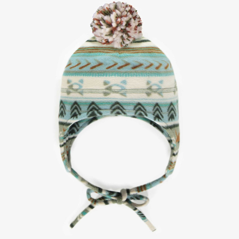 Blue patterned toque with pompom in fleece, baby