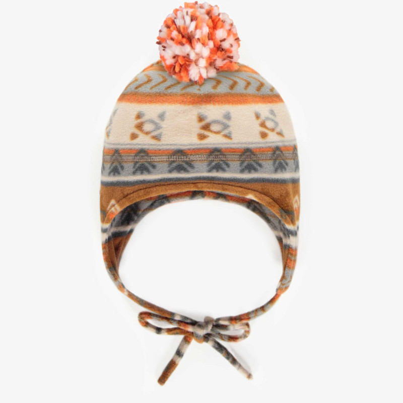 Orange-brown patterned toque with pompom in fleece, baby