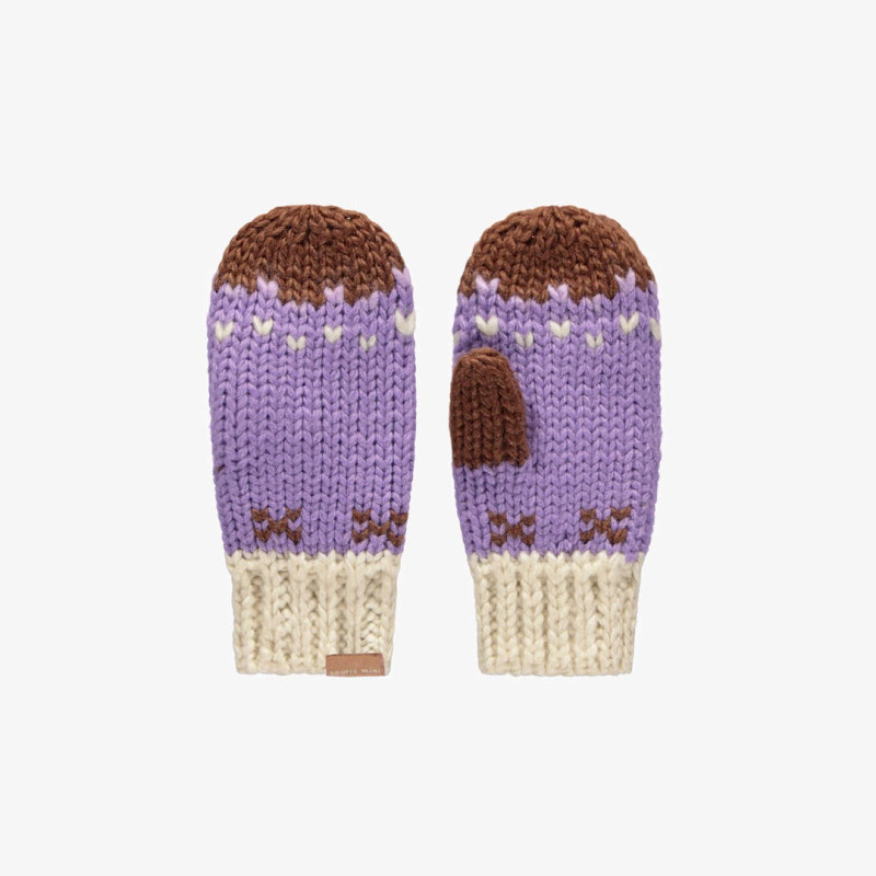 Purple knitted mittens with a jacquard print, child