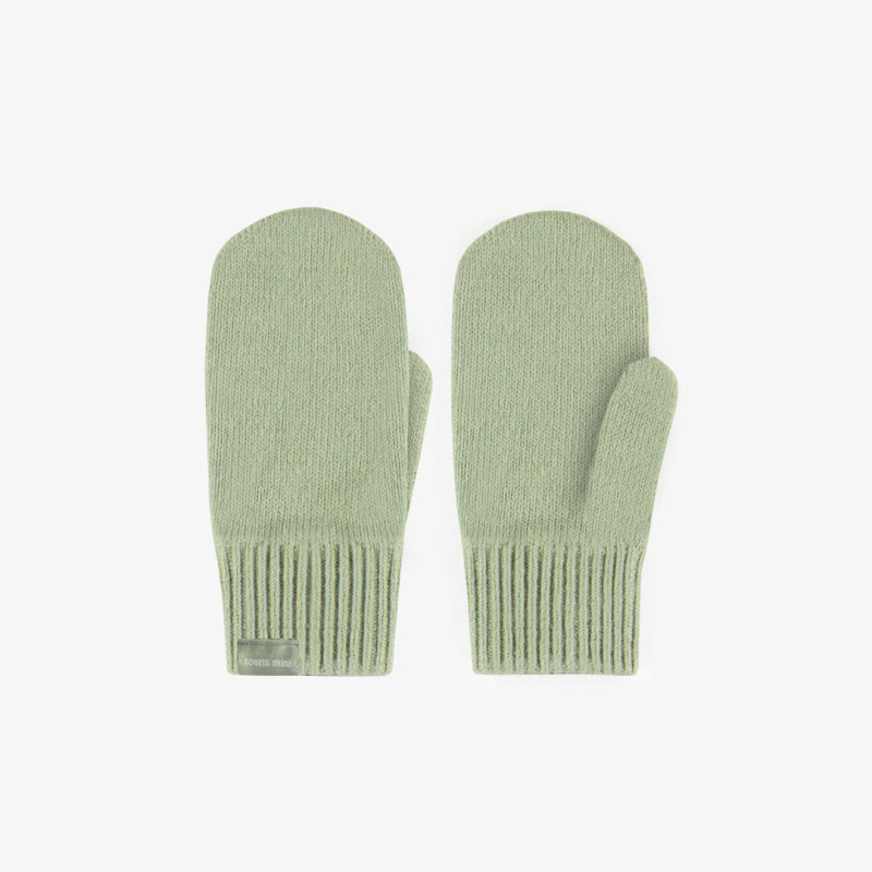 Sage green knitted mittens in cotton cashmere effect, child
