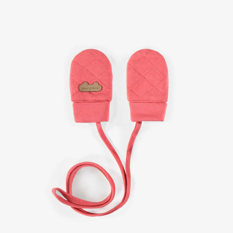 Coral mittens in bonded jersey with string, newborn