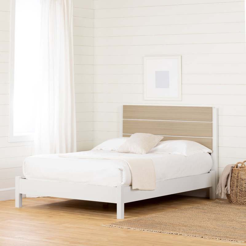 Full Platform Double Bed with Headboard - Munich White and Natural Elm