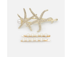 Ensemble de trois pinces dorées étoiles de mer avec zircons cubiques et perles