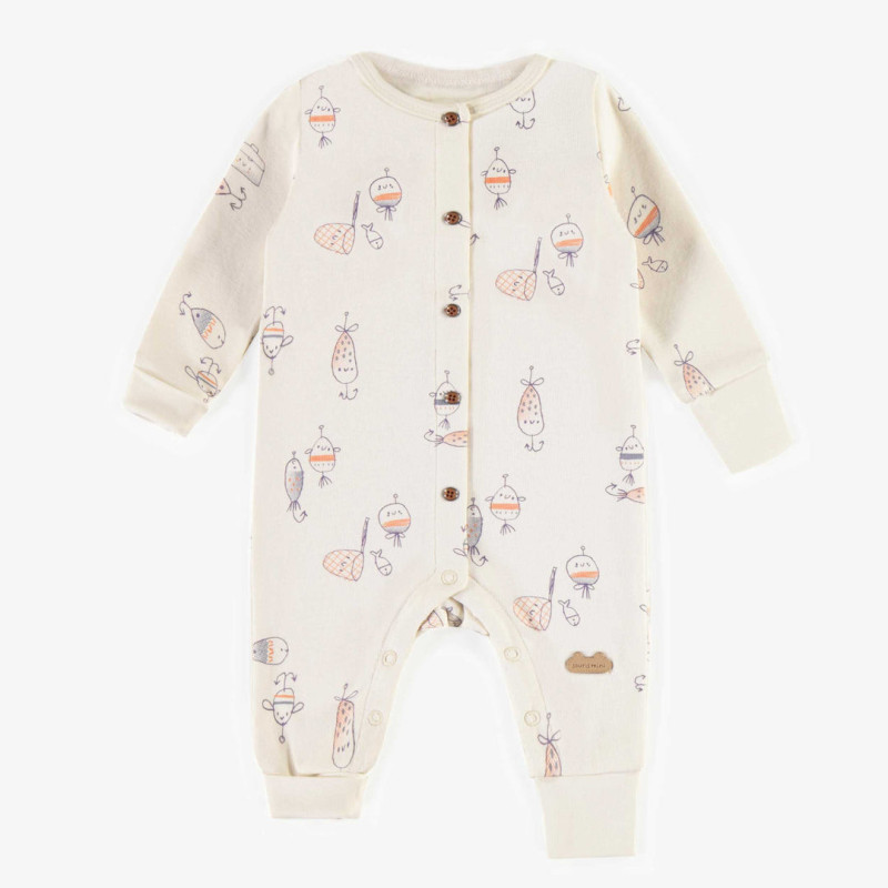 Cream hook pattern pajamas in organic cotton, newborn